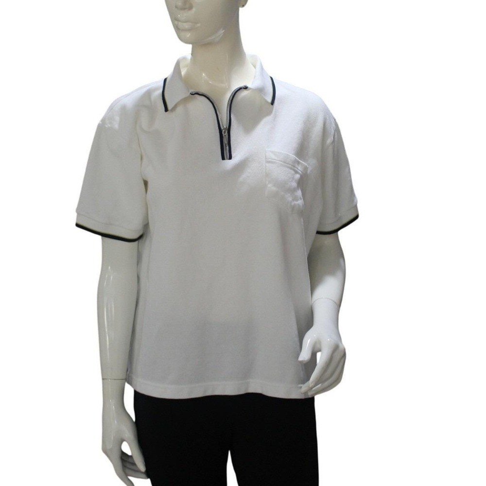 Bob Mackie Studio Polo Shirt Women L White Zip Collar Short Sleeve Vintage 1990s